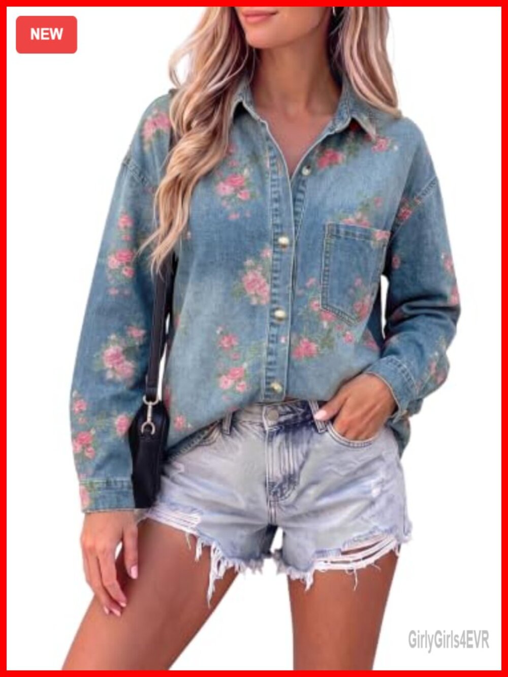 Womens Oversized Denim Shirt Button Down Printed Jean Top